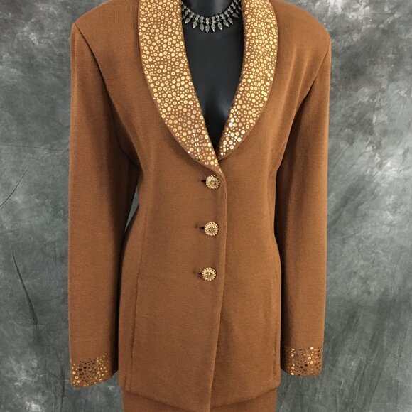 BEAUTUFUL st john evening knit brown embellished skirt suit 16 - Picture 4 of 10